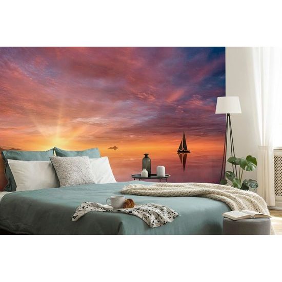 Samolepící tapeta osamělá loďka při zapadajícím slunci