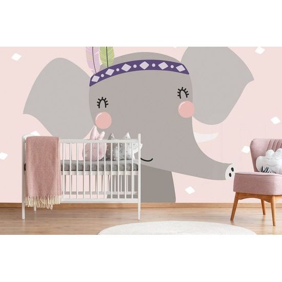 Samolepící tapeta šťastný sloník s pírkovou čelenkou