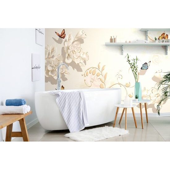 Samolepící tapeta zátiší s květinami a motýly ve vintage stylu