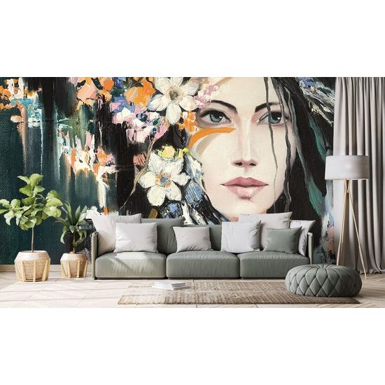 Samolepící tapeta malba dívky s květinami