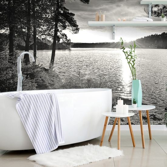 Fototapeta černobílý západ slunce u jezera