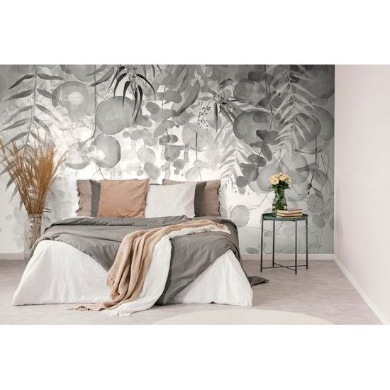 Samolepící tapeta něžné tropické listy v černobílém provedení