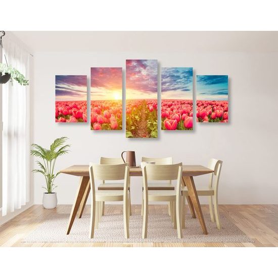 5-dílný obraz západ slunce nad rozkvinutými tulipány