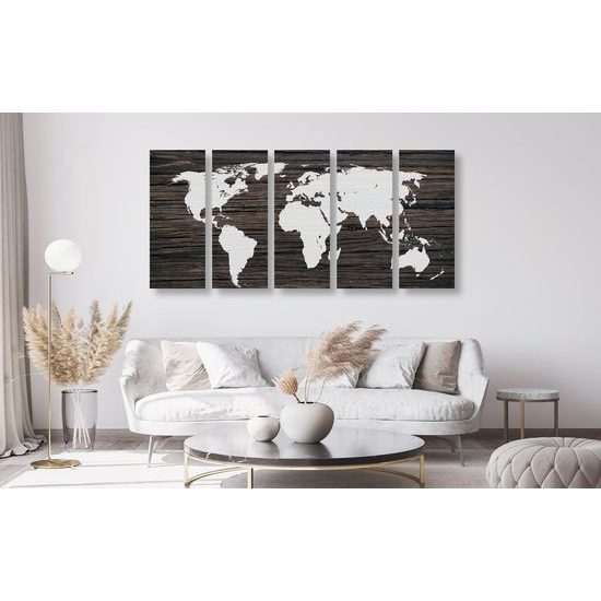 5-dílný obraz mapa světa na tmavém dřevěném podkladu