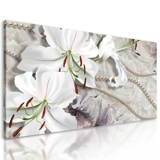 Obraz zátiší s liliemi a perlami