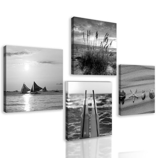 Set obrazů písečná pláž v černobílém provedení