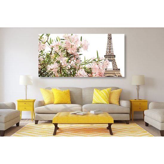 Obraz růžové květiny pod Eiffelovou věží