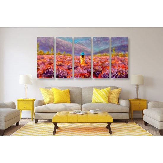 5-dílný obraz žena uprostřed květinové louky