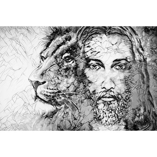 Obraz Ježíš s králem zvířat v černobílém provedení