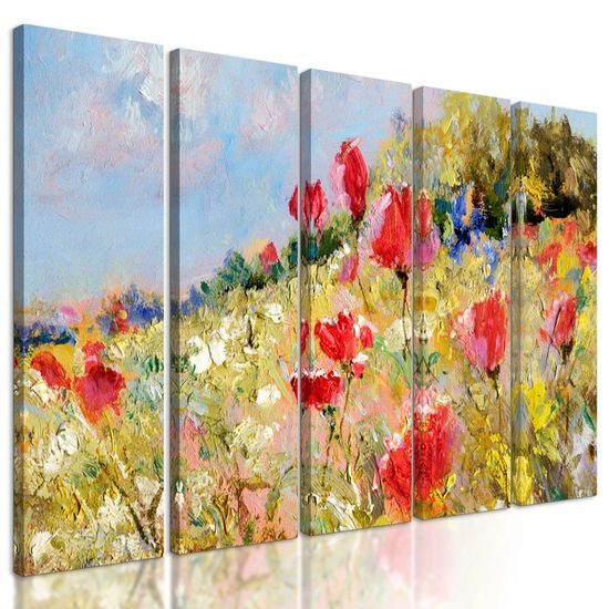 5-dílný obraz divoké máky na louce