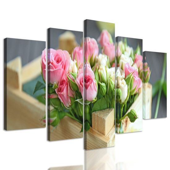 5-dílný obraz bednička plná růží