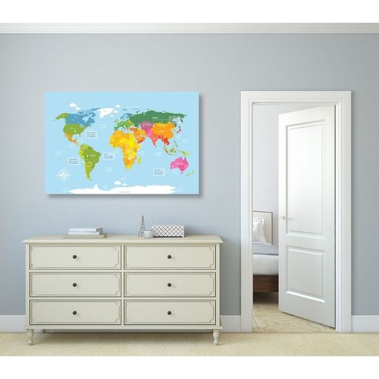 Obraz mapa světa s popisem jednotlivých kontinentů