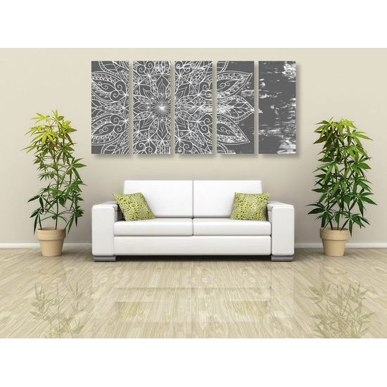 5-dílný obraz žlutá Mandala v černobílém provedení