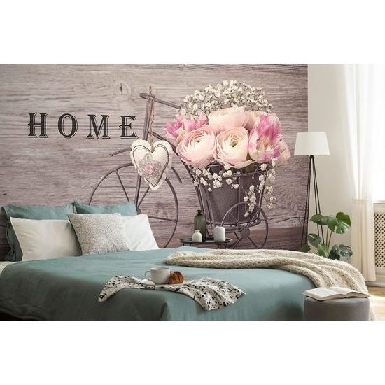 Samolepící tapeta vintage kolo s květinami a nápisem Home