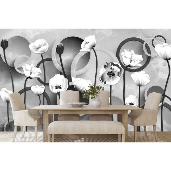 Samolepící tapeta černobílé květy máku s abstraktním pozadím