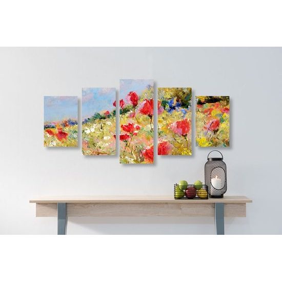 5-dílný obraz vlčí máky na louce