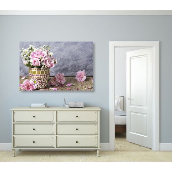 Obraz mozaikový květináč s růžovými květy karafiátu