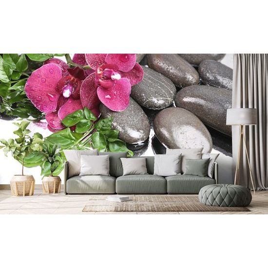 Samolepící fototapeta lávové kamene s orchideou