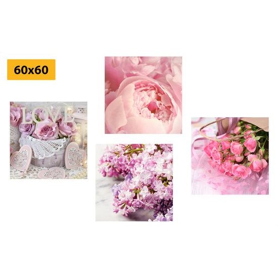 Set obrazů něžné květiny v odstínech růžové
