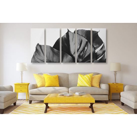 5-dílný obraz listy monstery v černobílém provedení