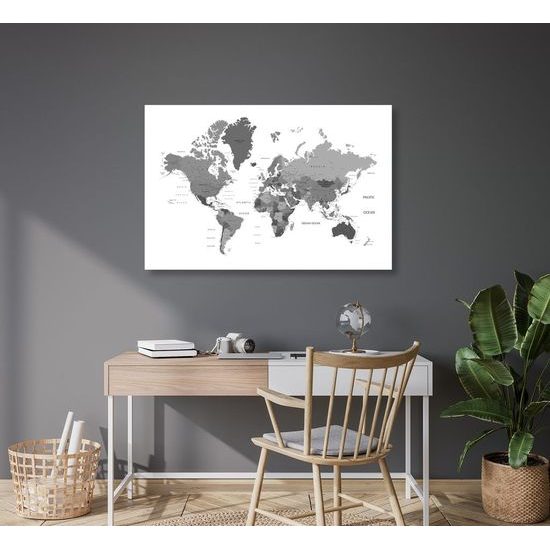 Obraz na korku mapa světa v černobílém provedení