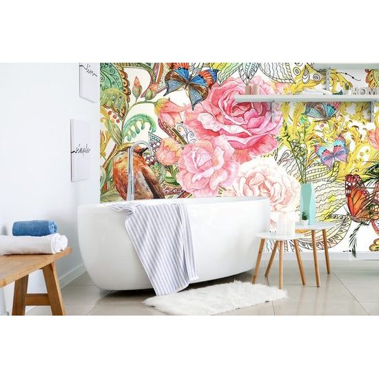 Samolepící tapeta ptáček s motýly ve vintage provedení