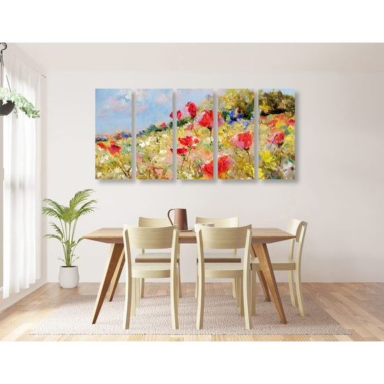 5-dílný obraz divoké máky na louce