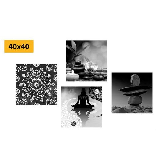 Set obrazů symboly Feng Shui v černobílém provedení