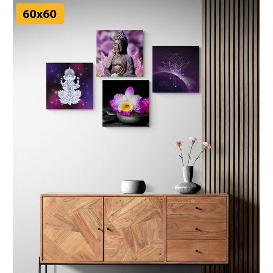 Set obrazů symboly Feng Shui ve fialových barvách