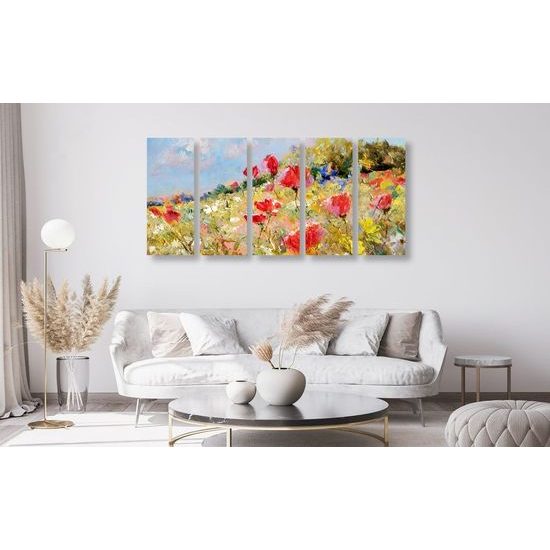 5-dílný obraz divoké máky na louce