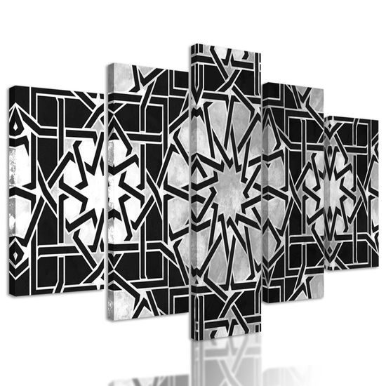 5-dílný obraz stříbrná mandala v černobílém provedení