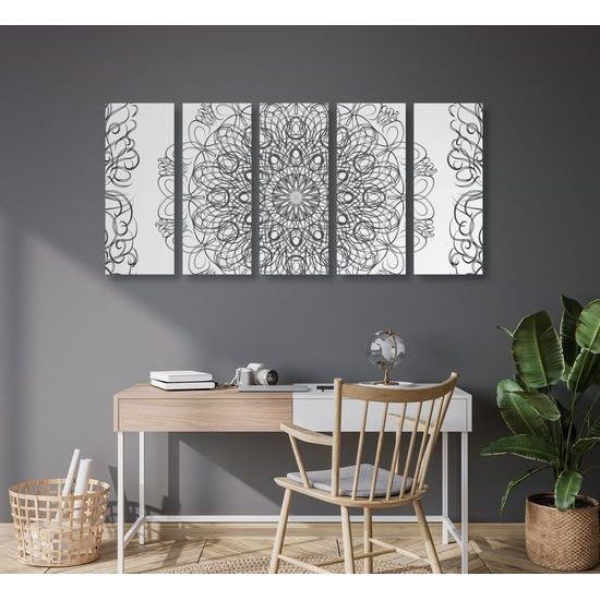 5-dílný obraz jemná květinová Mandala v černobílém provedení
