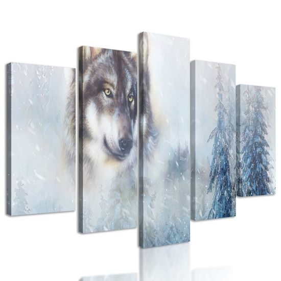 5-dílný obraz portrét vlka v uměleckém provedení