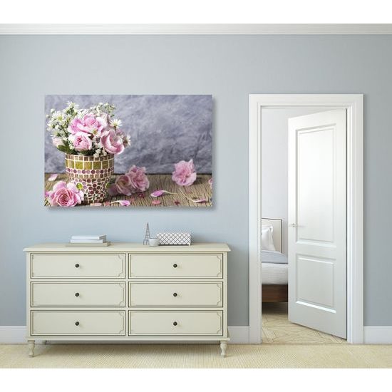 Obraz mozaikový květináč s růžovými květy karafiátu