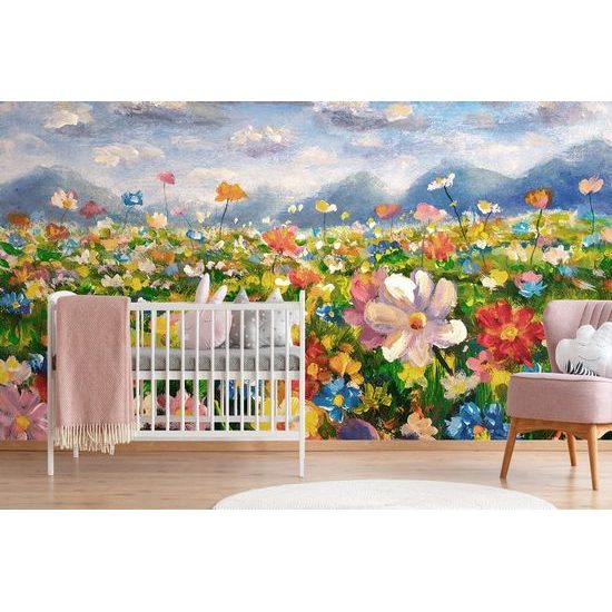 Samolepící tapeta olejomalba louky plné květin