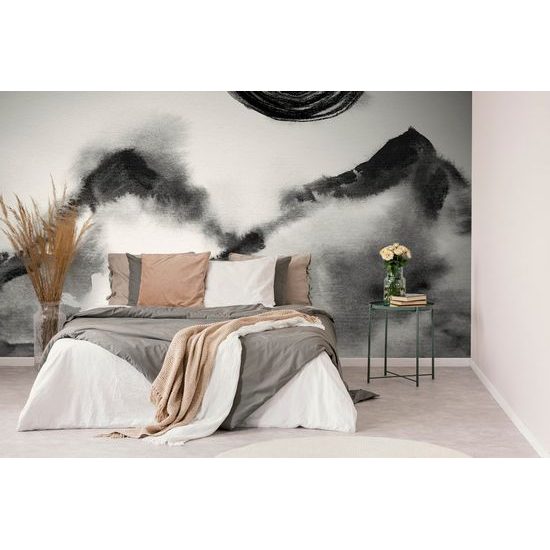 Samolepící tapeta malba japonských hor v černobílém provedení