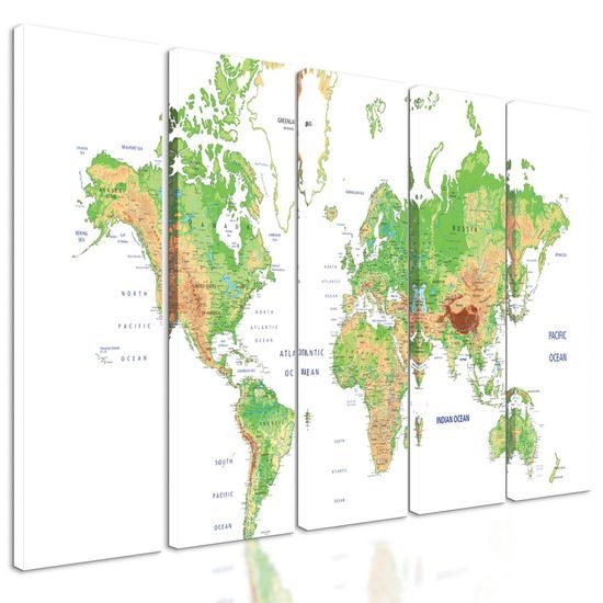 5-dílný obraz geografická mapa světa s bílým pozadím