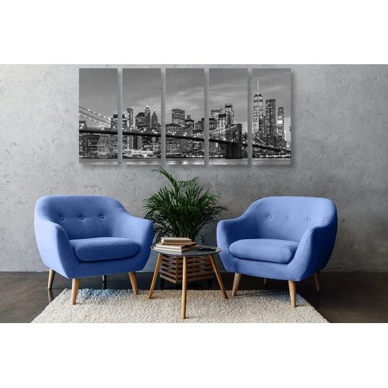 5-dílný obraz noční pohled na most Brooklyn v černobílém provedení