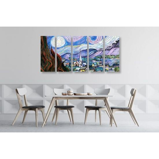 5-dílný obraz imitace Hvězdné noci od Van Gogha
