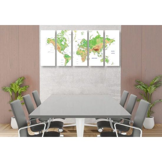 5-dílný obraz geografická mapa světa s bílým pozadím