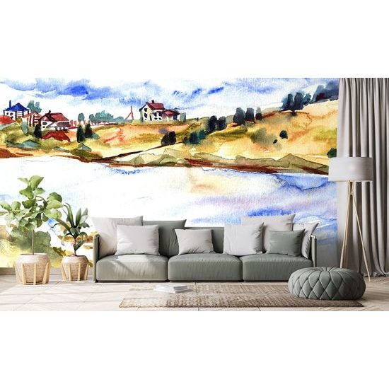 Originální samolepící tapeta malba vesnice na břehu řeky