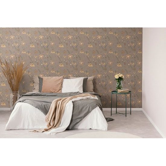 Samolepící tapeta malované květiny v hnědém provedení