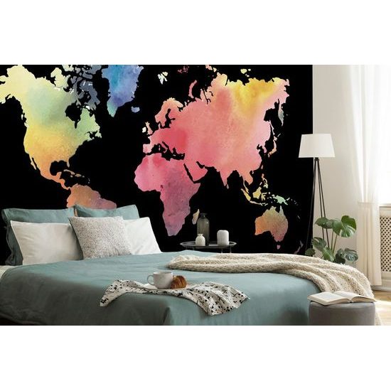 Samolepící tapeta akvarelová mapa světa na černém pozadí