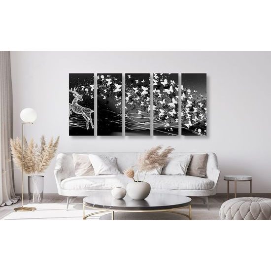 5-dílný obraz abstrakce vesmírného Jelena v černobílém provedení