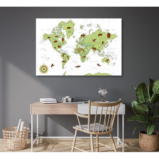Obraz na korku mapa světa s charakteristickými zvířaty