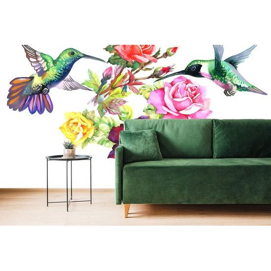 Nádherná samolepící tapeta létající kolibříci u květin