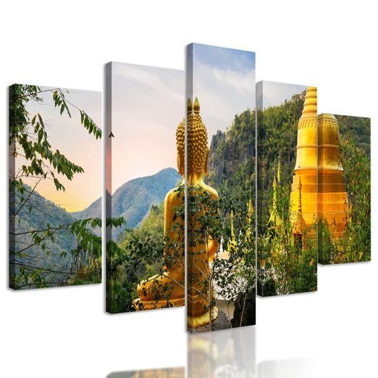 5-dílný obraz zlatý Buddha a krásy přírody