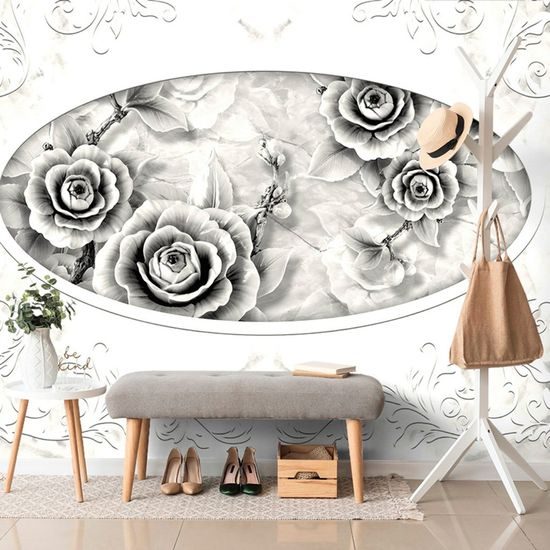 Tapeta černobílé růže s ornamentem ve vintage stylu