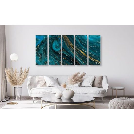 5-dílný obraz abstrakce v petrolejově zlatých barvách