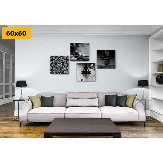 Set obrazů symboly Feng Shui v černobílém provedení